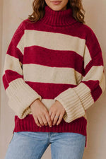 Stripe Ribbed Trim High Neck Relaxed Pullover Sweater