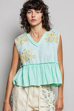 POL Floral Patch Ruffled Sleeveless Top with Raw Edge Detail