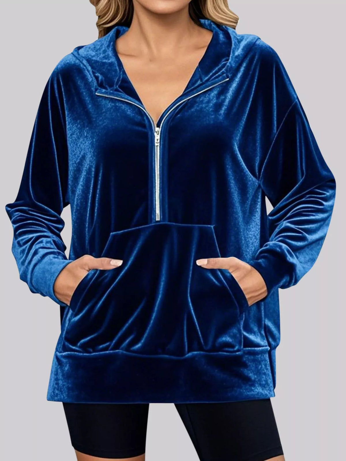 Full Size Velvet Half Zip Hoodie with Kangaroo Pocket Plus Size