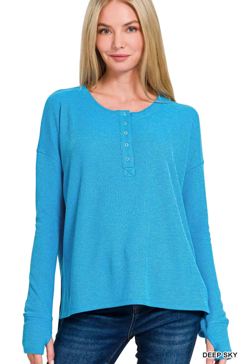 Zenana Waffle Thumb Hole Cuffs Henley Tee