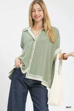 Umgee Linen Button Front Top with Contrast Piping