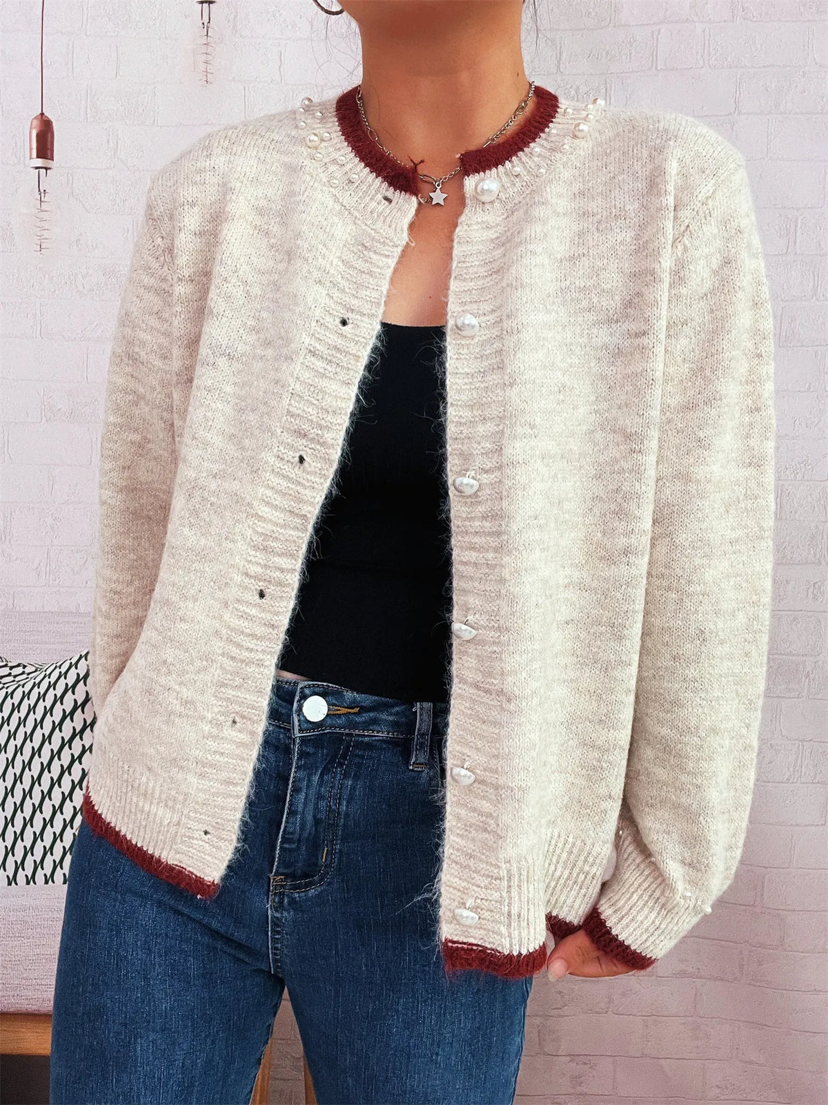 Pearl Embellished Button-Front Cardigan