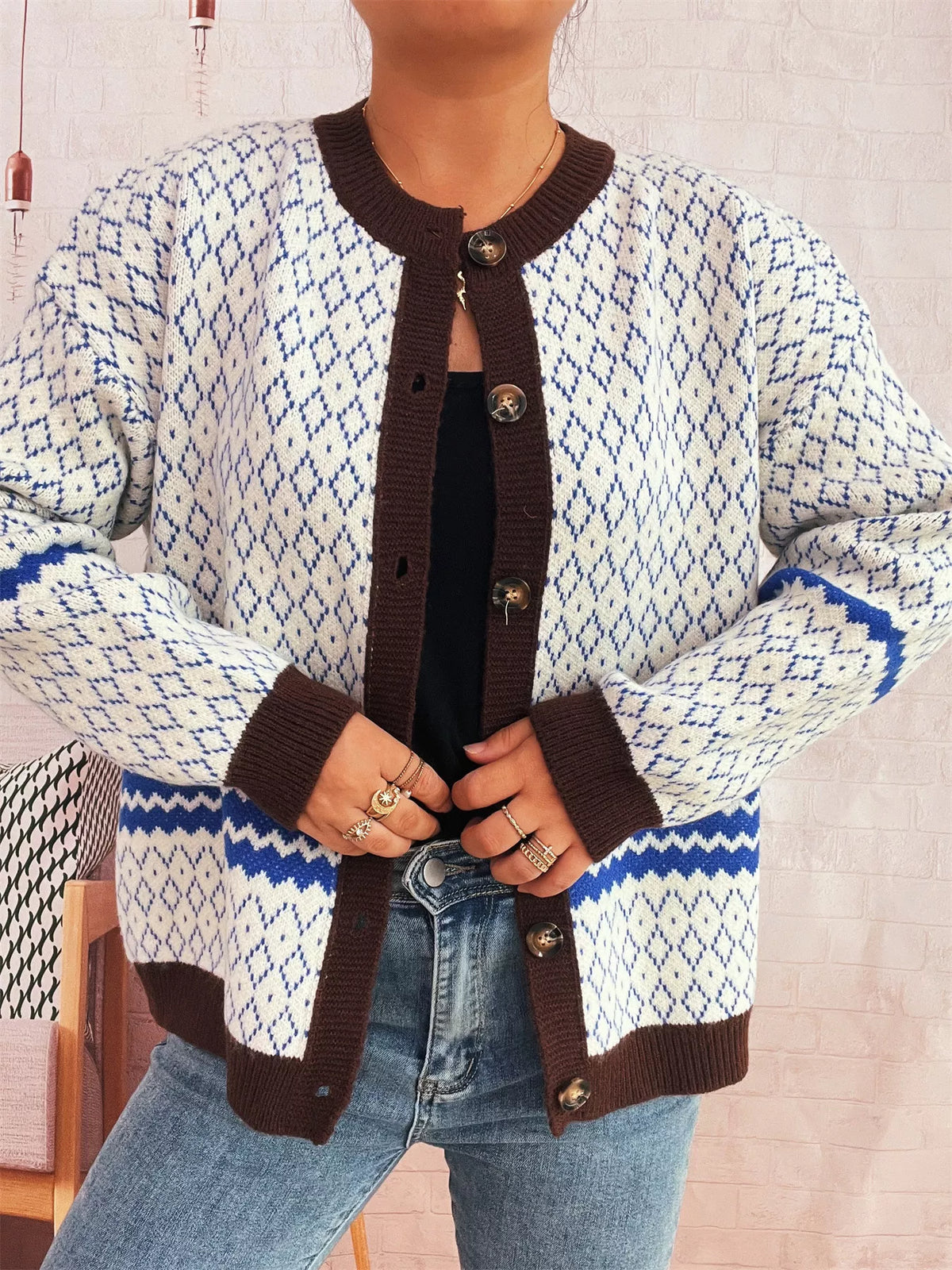 Geometric Pattern Button Up Cardigan