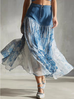 Denim-Paneled Floral Print Skirt
