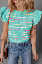 Ruffled Eyelet Striped Round Neck Cap Sleeve Knit Top