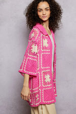 POL Button Down Openwork Floral Crochet Shirt with Granny Square Pattern