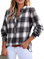 Plaid Half Button Long Sleeve Blouse
