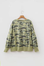 Camouflage Waffle Knit Raw Edge Contrast Trim Oversized Long Sleeve Top