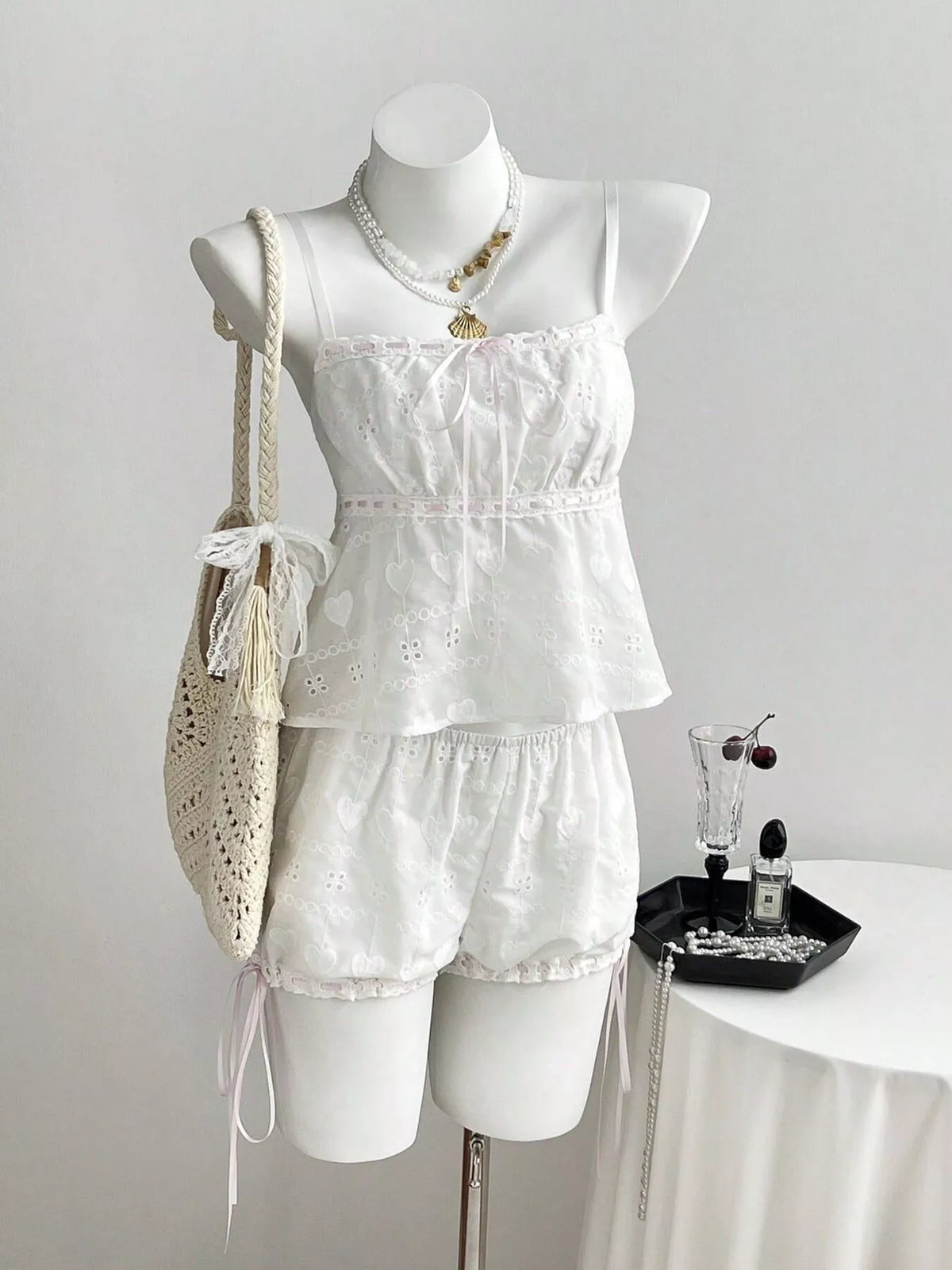 Lace Detail Eyelet Cami and Shorts Set