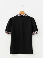 Leopard Trim Puff Sleeve Blouse