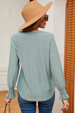 Eyelet V-Neck Flounce Sleeve T-Shirt