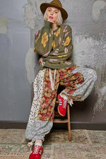 POL Floral Pattern Round Neck Balloon Sleeve Sweater