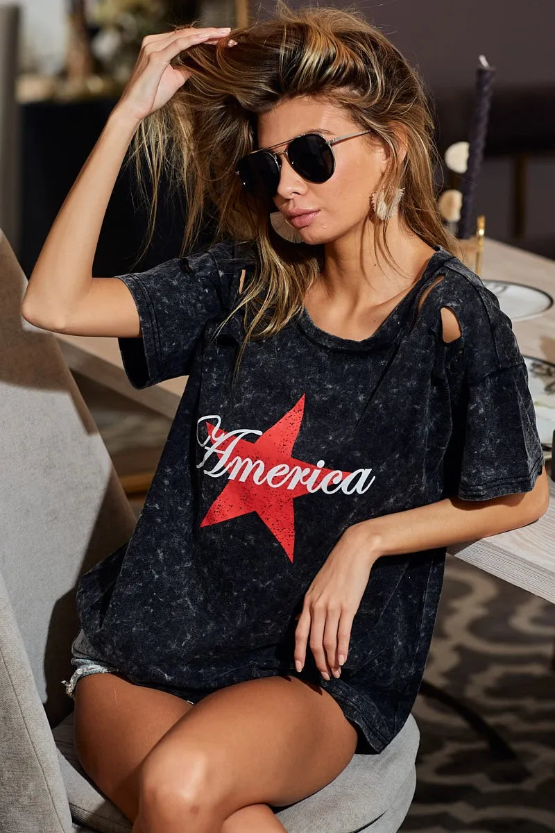 BiBi Laser Cut Mineral Washed Jersey Top withAmerica