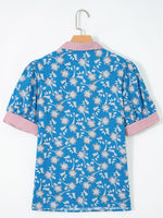 Floral Print Striped Trim Button Neck Short Sleeve Blouse