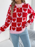 Heart Checkerboard Pattern Round Neck Sweater