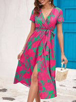 Surplice Short Sleeve Midi Dress