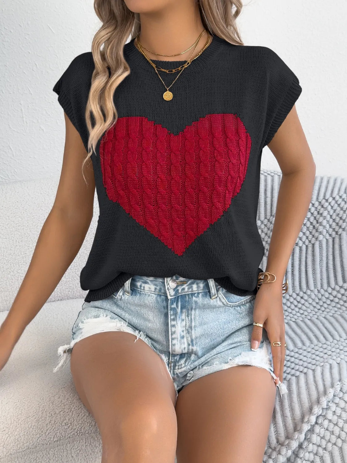 Cable Knit Heart Round Neck Cap Sleeve Knit Top