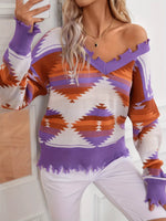 Geometric Frayed Hem V-Neck Long Sleeve Sweater