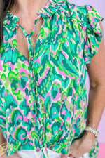 Abstract Print Ruffled Trim Tie Neck Top