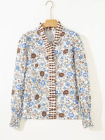 Plaid Frilled Trim V Neck Floral Long Sleeve Blouse