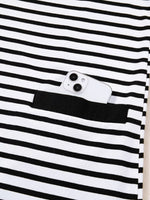 Stripe Buttoned Front Collared Long Sleeve T Shirt Dress with Pockets
