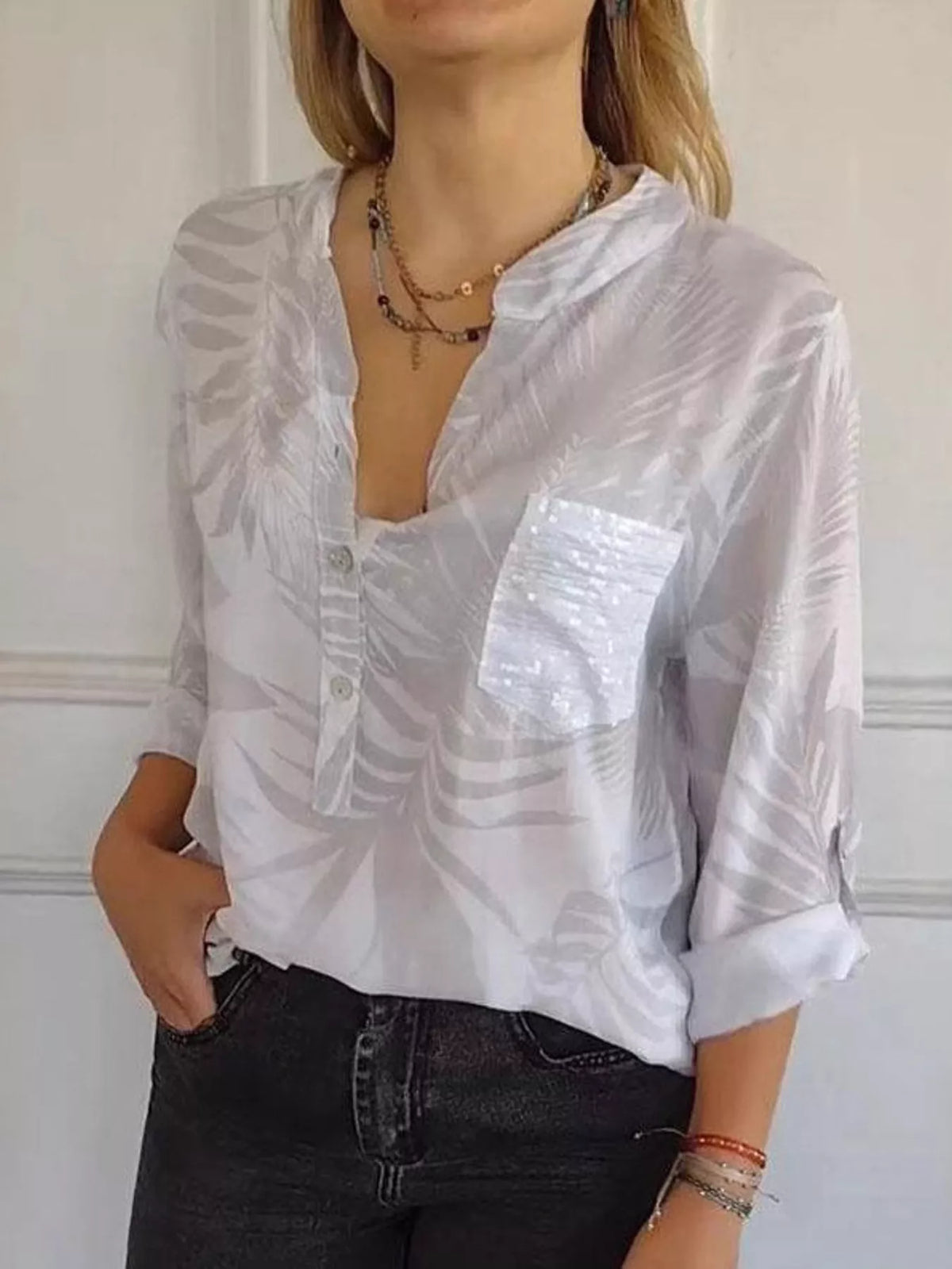 Full Size Printed Button Detail Long Sleeve Blouse Plus Size