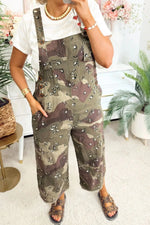 Camouflage Print Leopard Detail Loose Denim Overall Cropped Jumpsuit