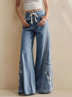 Embroidered Wide-Leg Drawstring Jeans