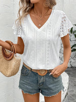 Eyelet V-Neck Flutter Sleeve Blouse