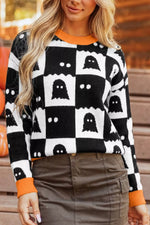 Halloween Ghost Pattern Checkerboard Sweater