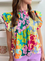 Printed Ruffled Cap Sleeve Blouse