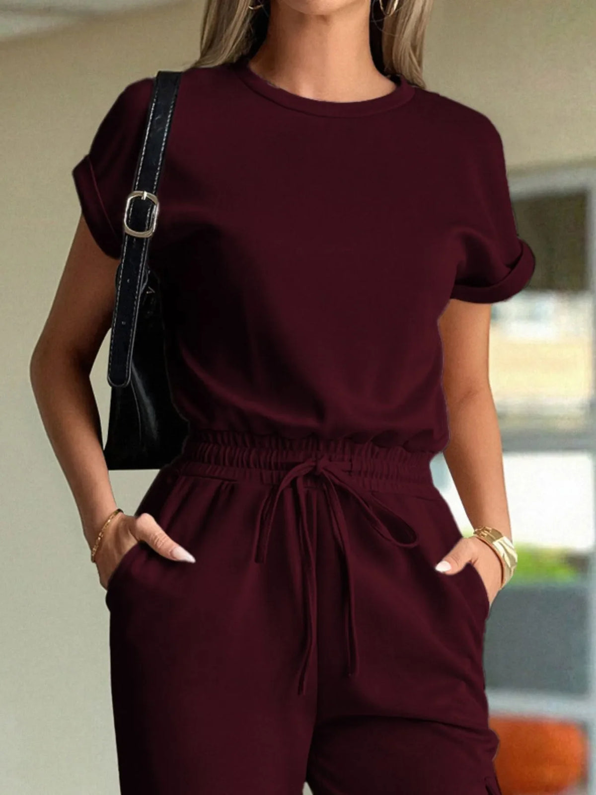 Round Neck Short Sleeve Top and Pants Set