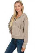 Zenana Fleece Pigment Dye Half Zip Kangaroo Pocket Hoodie
