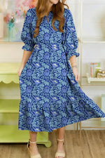 Floral Printed Frilled V Neck Bracelet Sleeve Long Dress