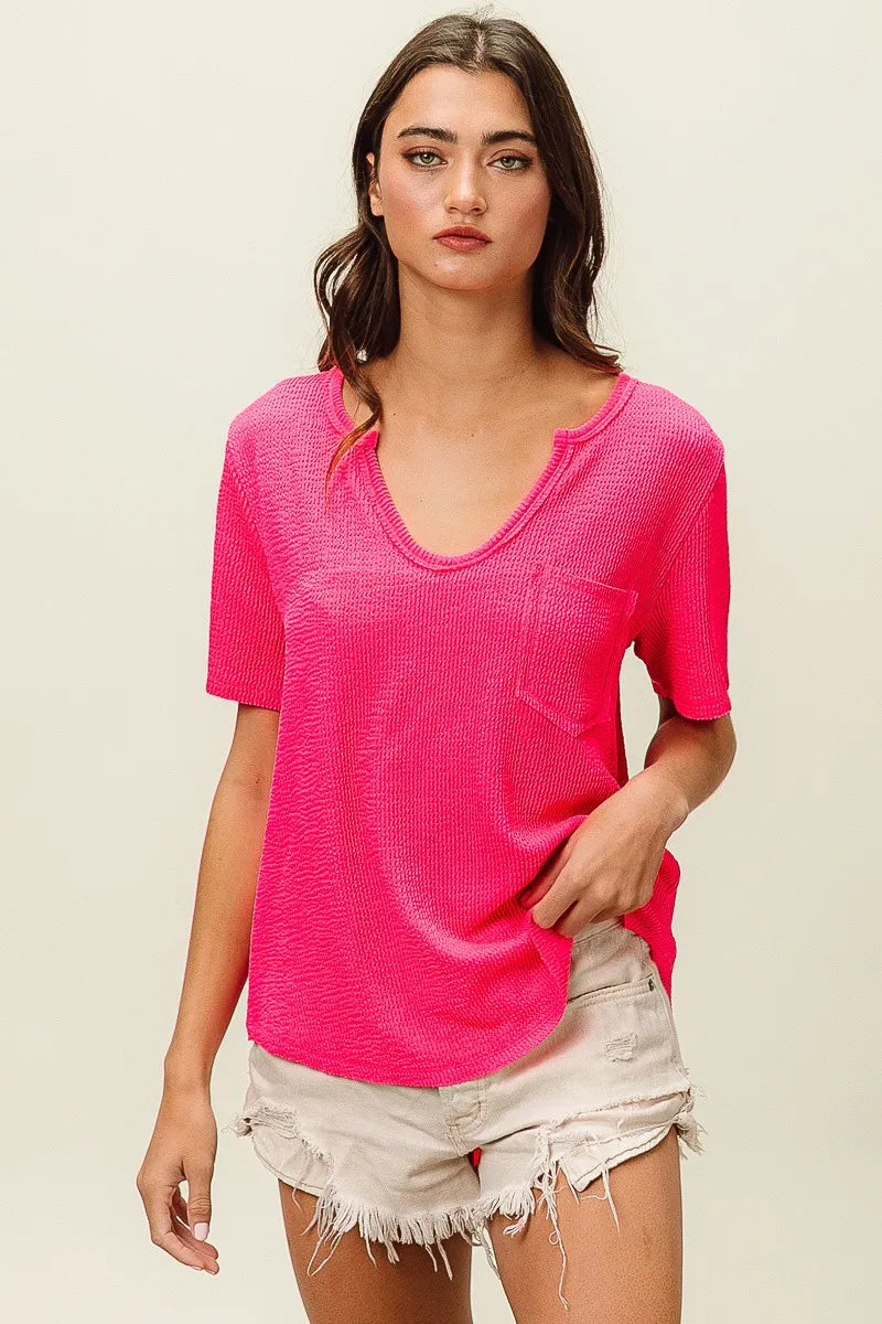 BiBi Waved Rib U Neck Top With Front Pocket