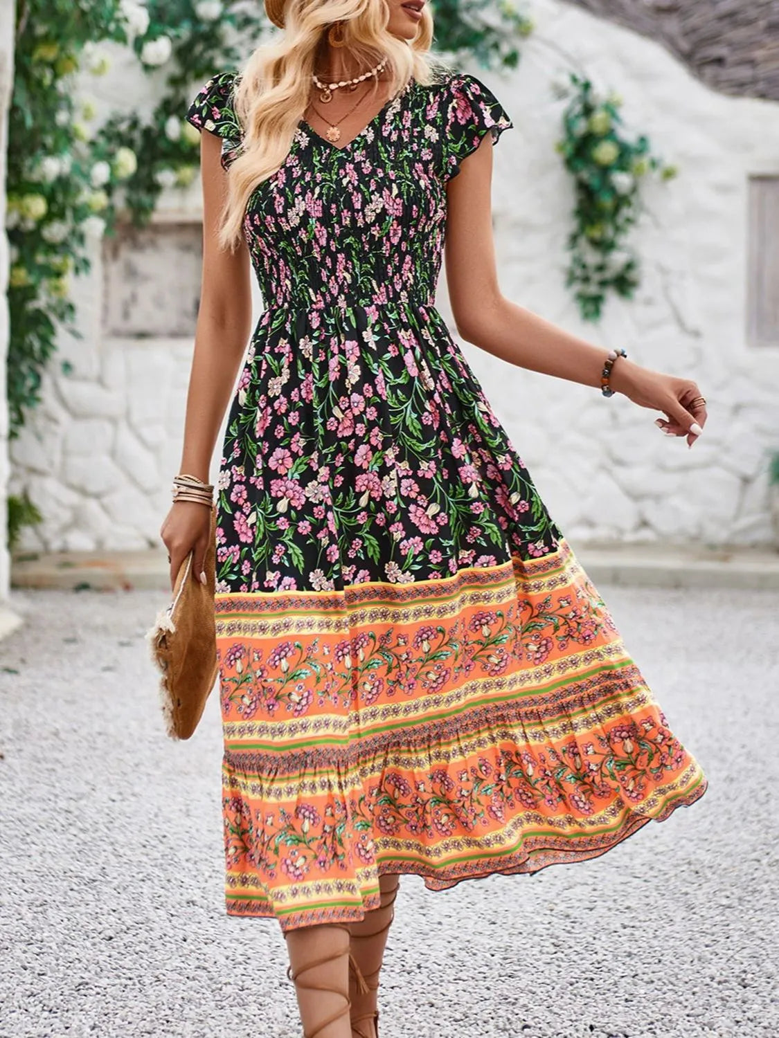 Printed Round Neck Cap Sleeve Dress