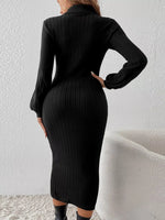 Mock Neck Ribbed Knit Bodycon Midi Dress