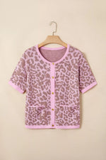 Leopard Button Down Short Sleeve Sweater Cardigan