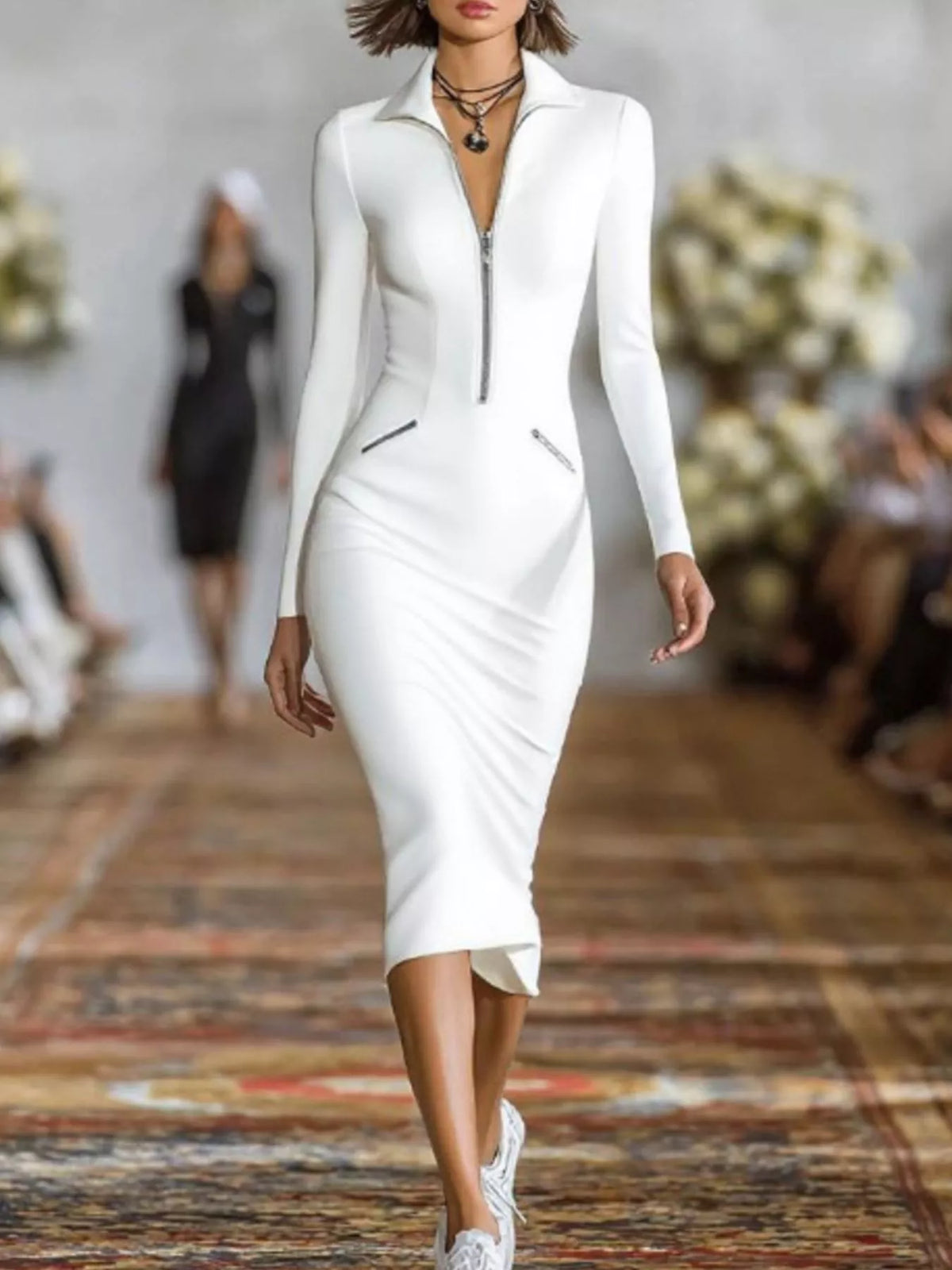 Full Size Zip-Front Bodycon Midi Dress Plus Size