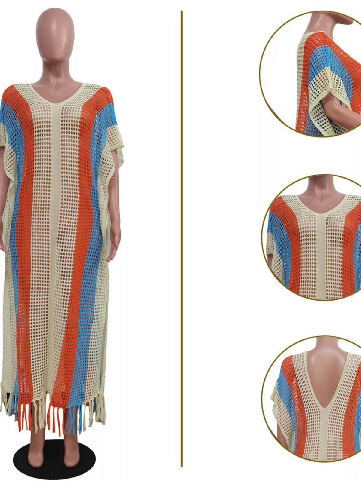 Striped Crochet Cover-Up Dress with Fringe