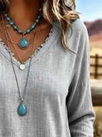 V-Neck Long Sleeve Blouse with Frayed Hem Detail