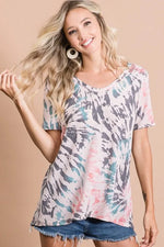 BiBi Tie Dye Print Terry Deep U Neck Top
