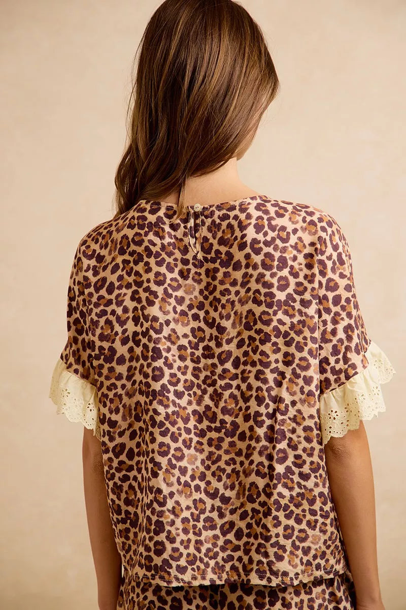 BiBi Leopard and Eyelet Lace Ruffled Top and Shorts Set