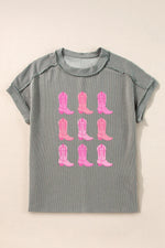 Boots Graphic Striped Round Neck Short Sleeve T-Shirt