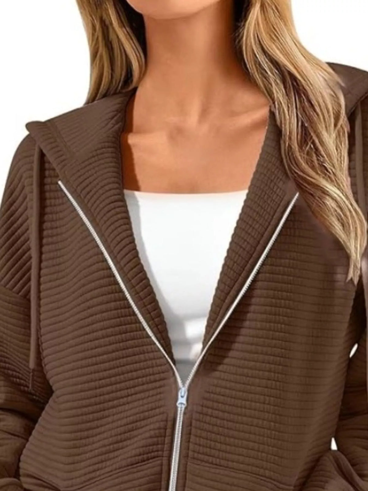 Drawstring Zip Up Dropped Shoulder Hoodie