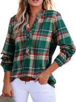 Plaid Half Button Long Sleeve Blouse