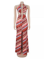 Chevron Print Halter Neck Cut-Out Maxi Dress