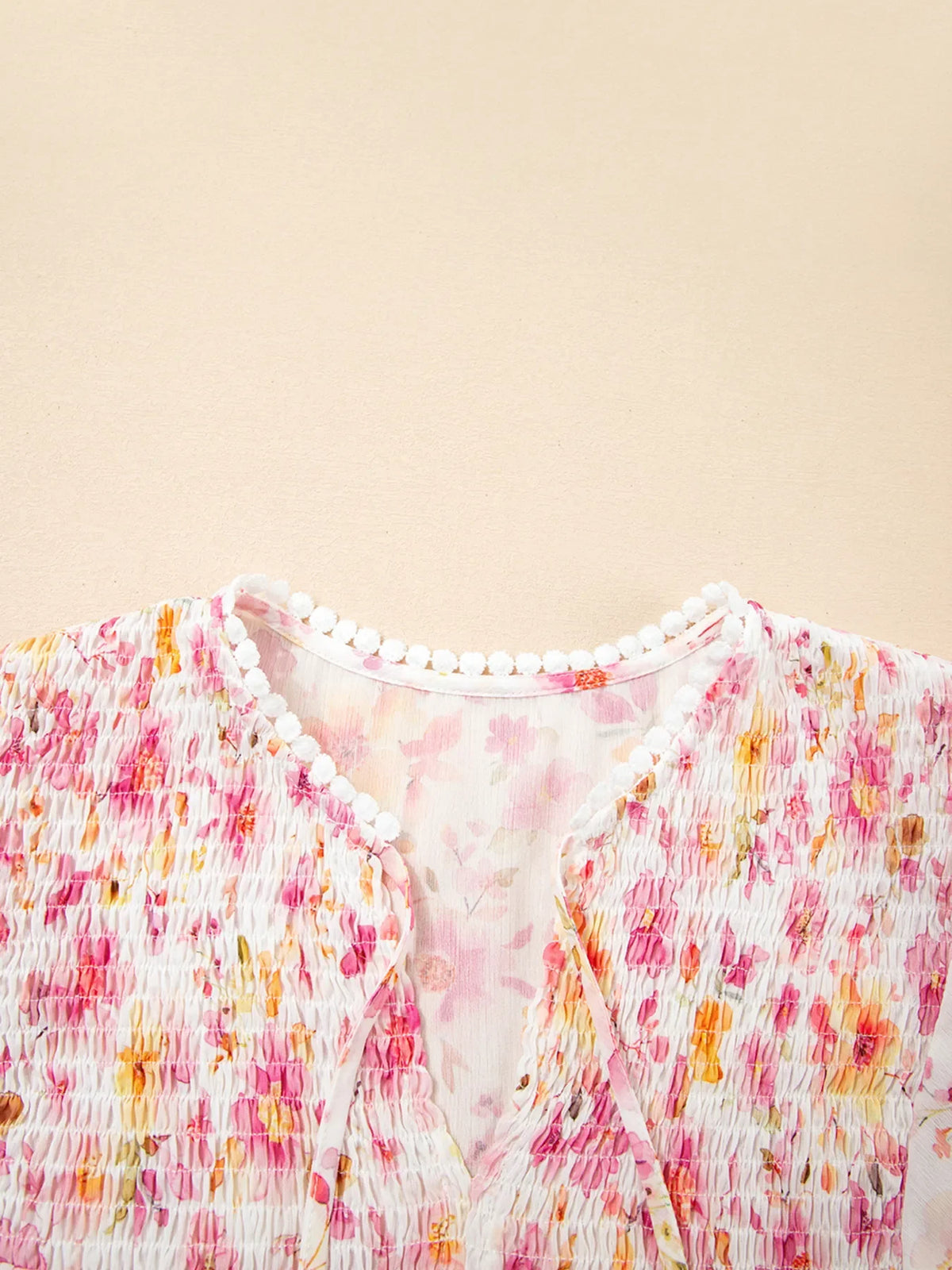 Floral Print Tassel Tie Smocked Puff Sleeve Blouse