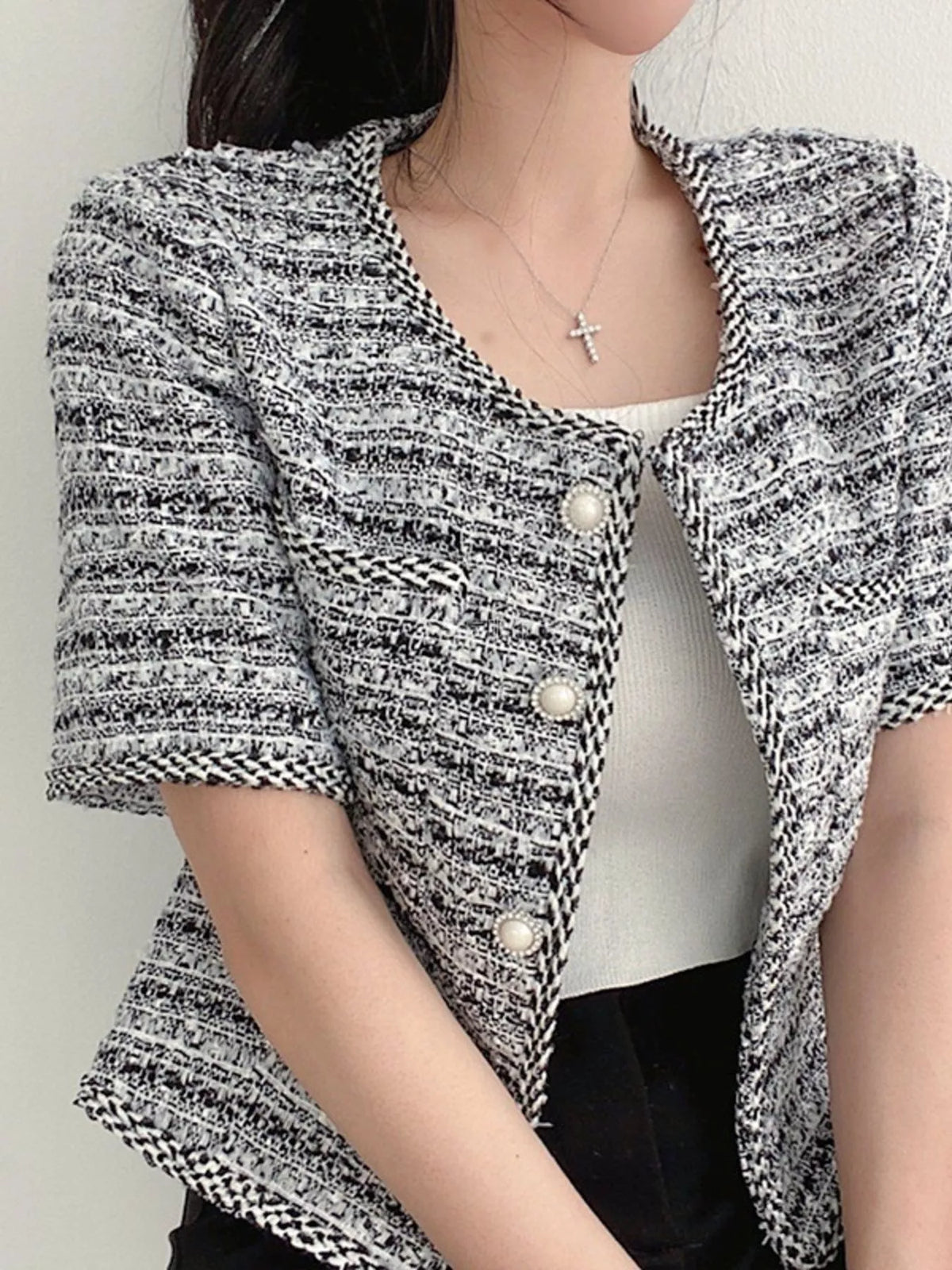 Pearl Button Short Sleeve Tweed Outerwear