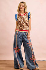 BiBi 4th Of July Leopard Ruffled Detail Knit Top
